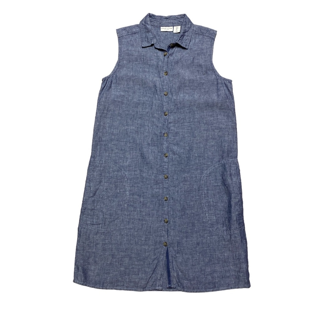 Adrienne Vittadini Sleeveless Dress Women’s S Blue Linen Casual Button Up Mini